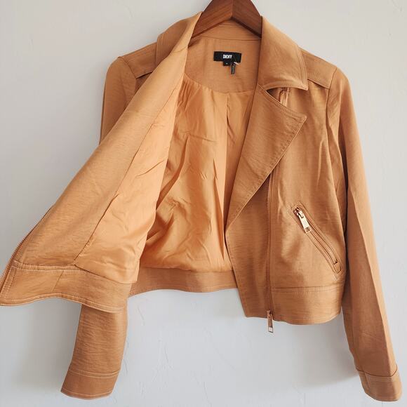 DKNY Carmel Tan Brown Satin Effect Moto Jacket Rose Gold Hardware Size XS - Picture 3 of 8